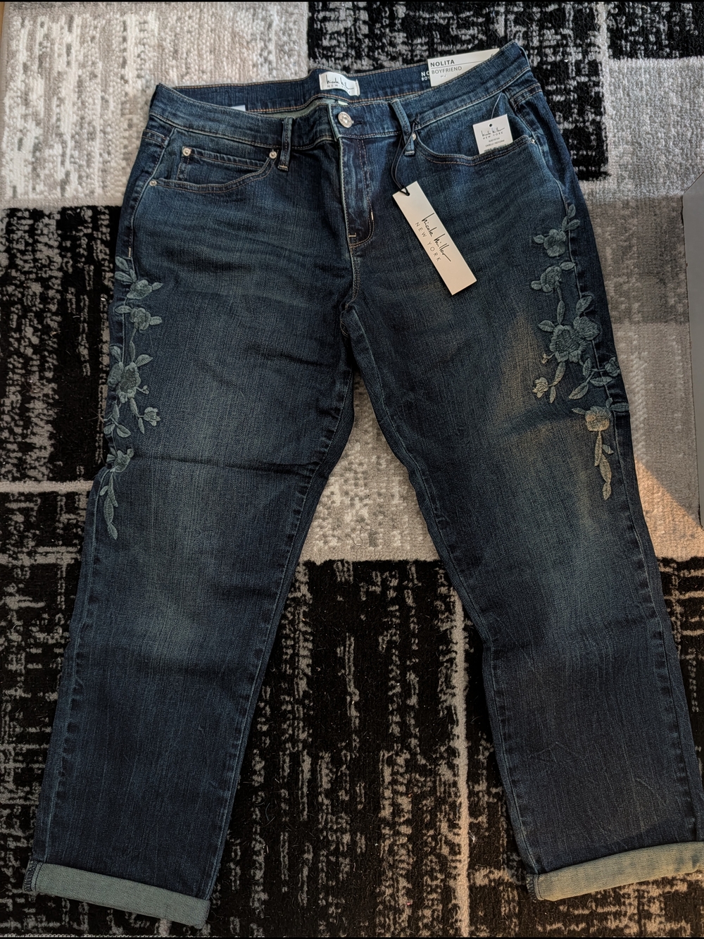 Dark Wash Floral Embroidered Boyfriend Jeans Nicole Miller New York